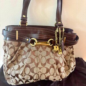 Coach Madison Sabrina Satchel | Brown Signature + Leather Trim | Gold Bag Charms